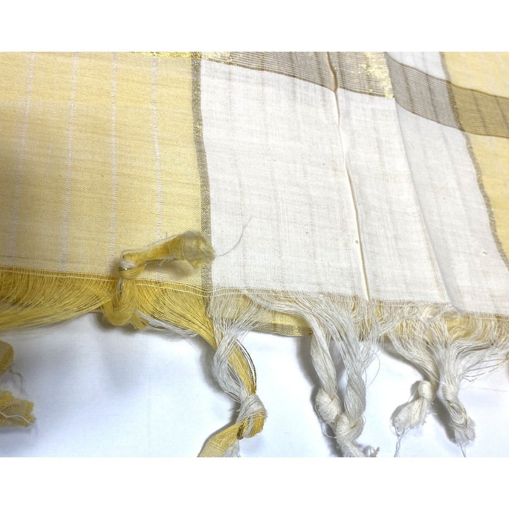 Vintage Gold Yellow White Textile Fabric Plaid Fringe Sari Dupatta Luxury Cloth - Picture 7 of 7